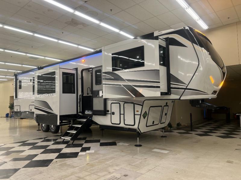 Keystone RV Montana 3761FL fifth wheel exterior view parked in a showroom